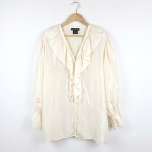 Vtg SILK CLUB 100% Silk Blouse 1X Cream Ivory Ruffle Romantic Cottagecore Pirate